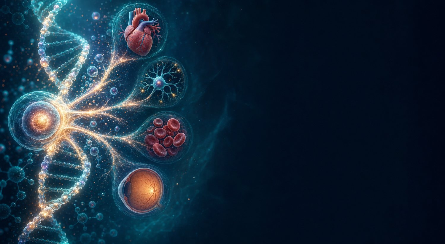 Conceptual illustration of a stem cell differentiating into heart, nerve, blood, and retinal cell types beside a DNA helix