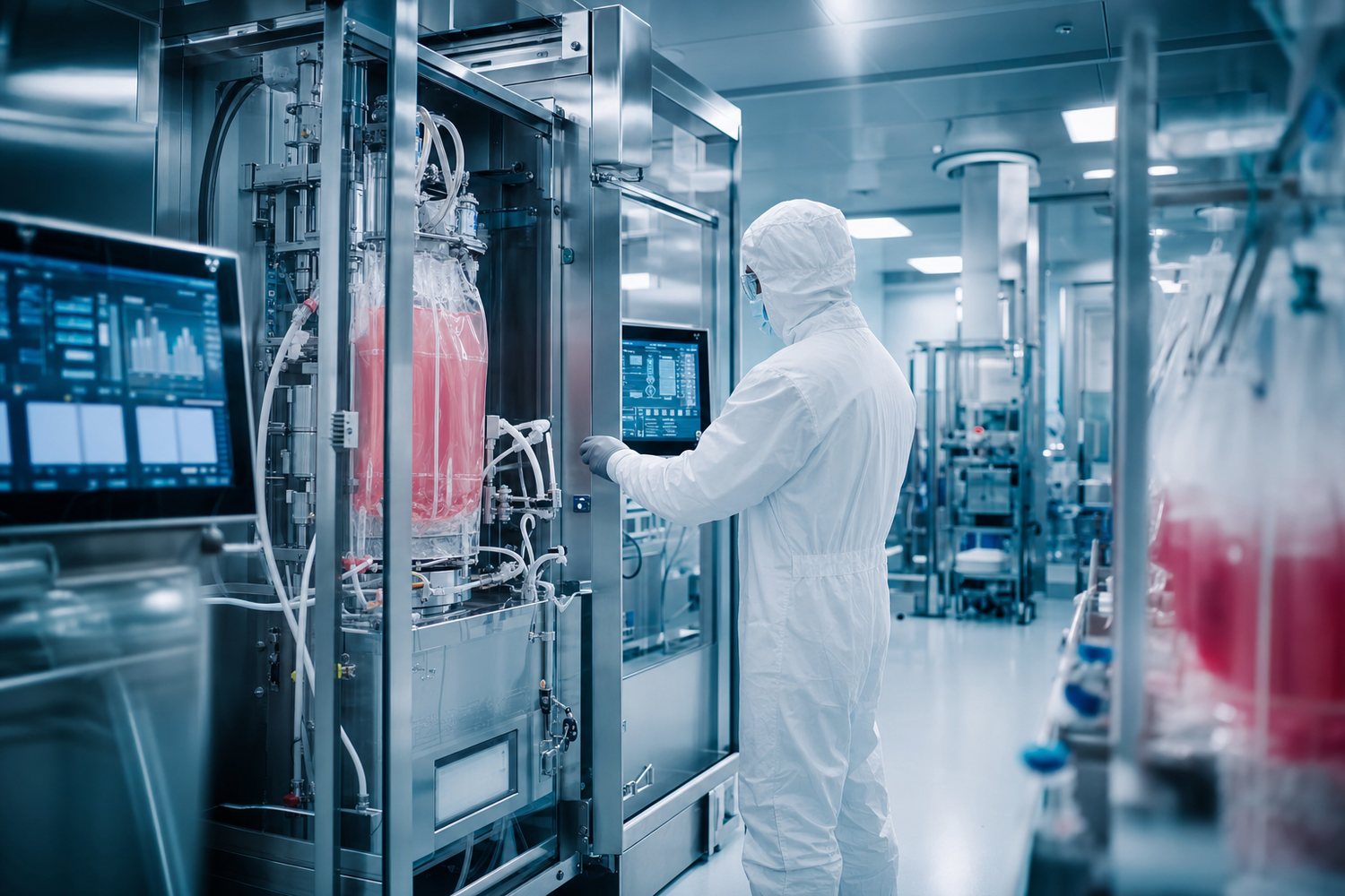 Technician in full cleanroom gown operating a closed single-use bioreactor in a GMP cell therapy manufacturing suite