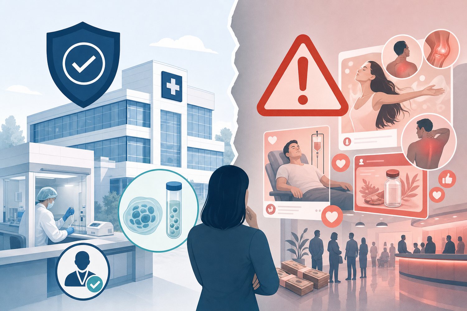 Split illustration contrasting a regulated hospital cell therapy program with unproven clinic marketing on social media